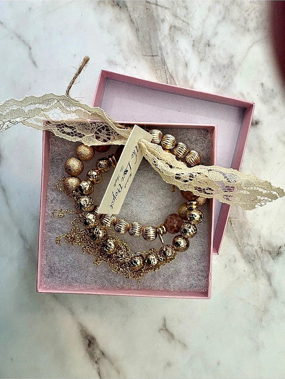 NIB The Lace Project "Gilded Rose" 2pc Gold Fringe Bracelet Stack Set